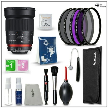 77mm MCUV, CPL, FLD, ND2, and ND4 Filters with Samyang 35mm F1.4 AS UMC Lens for Canon and DSLR Camera Lens Cleaning Kit by Loadstone Studio WMLS1358