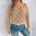 thumbnail image 2 of Crochet Knit Sweaters for Women Long Sleeve Pullover V Neck Lightweight Tops Khaki S, 2 of 6