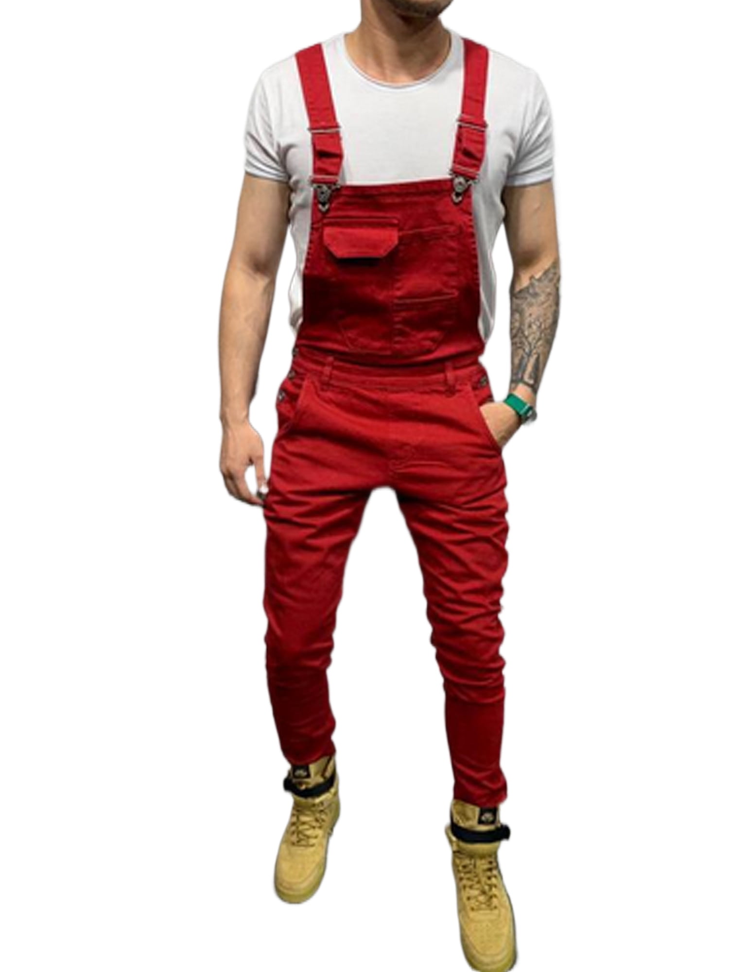 Huakaishijie Men Denim Bib Overalls, Slim Fit Casual Jumpsuit, Jeans