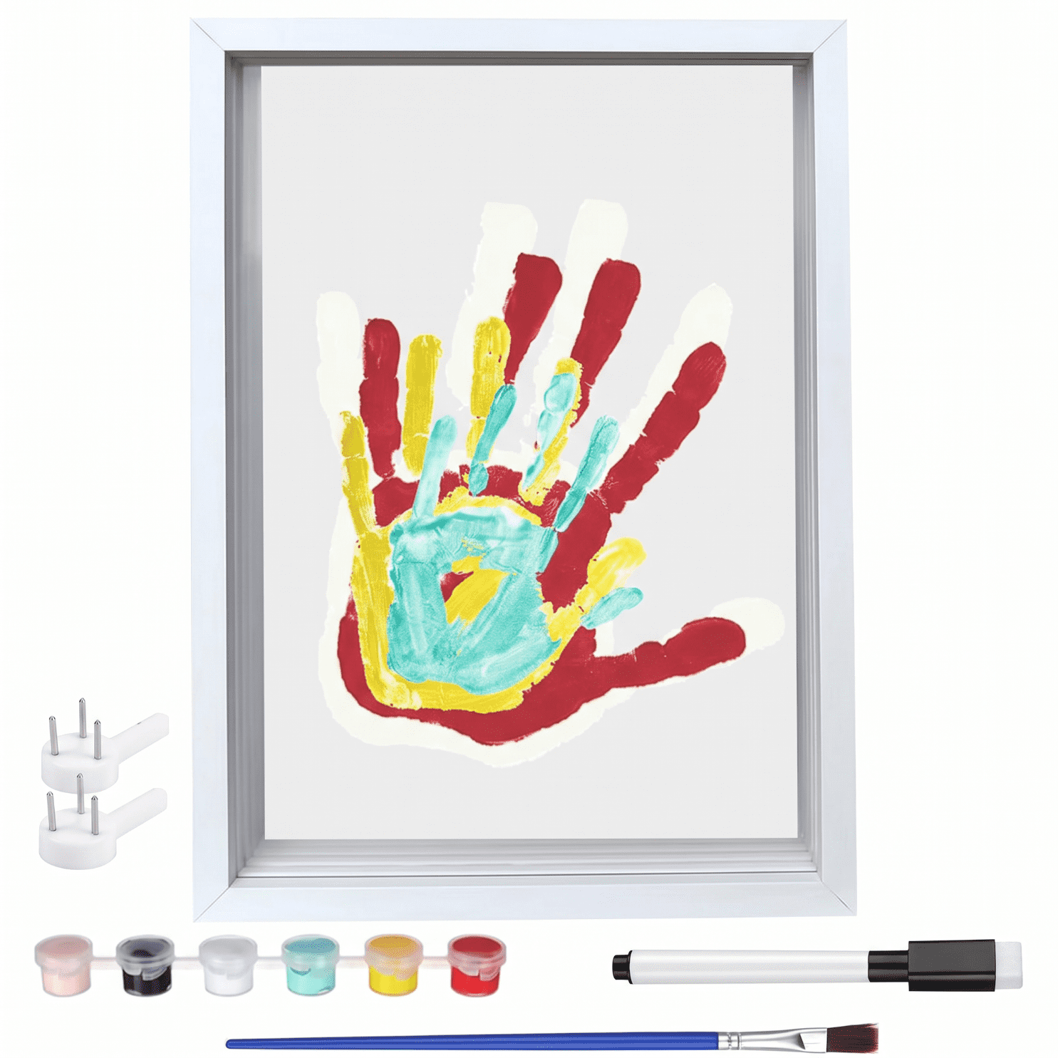 Family Handprint Frame Kit, Baby Handprint and Footprint Keepsake Shadow Box Frame with 6 Colors Paint, Paintbrush, Marker Pen & Wall Hooks, DIY Nursery Wall Decor & Baby Shower Gift