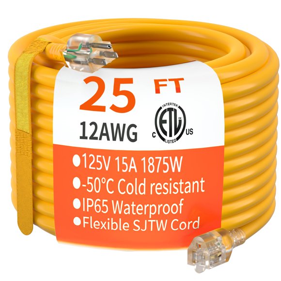 HUANCHAIN 25 ft 12/3 Gauge Heavy Duty Outdoor Extension Cord Waterproof with Lighted, Flexible Cold Weather 3 Prong Elec