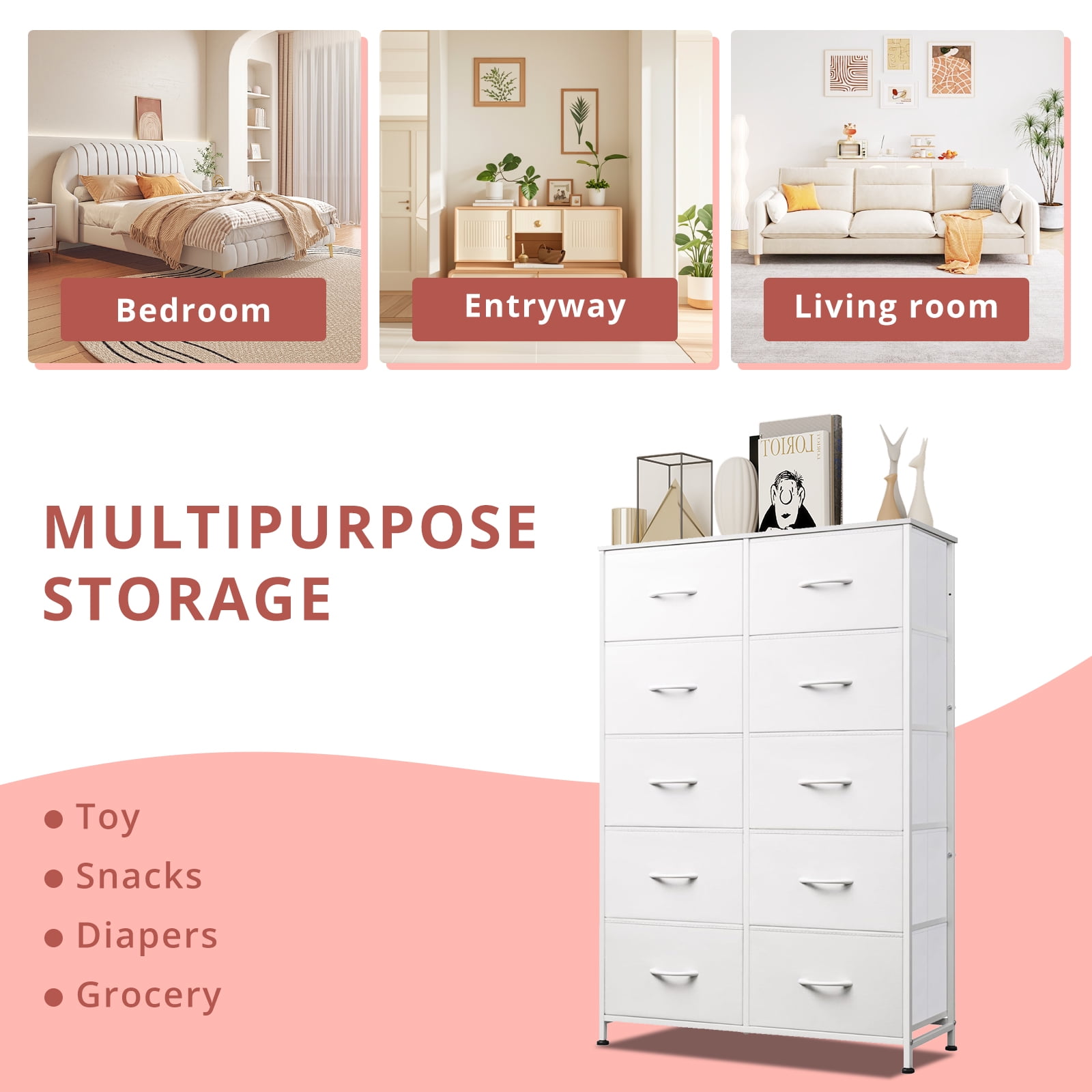Tall Dresser for Bedroom, Chests of Drawers, Storage Organizer with 10 Drawers, Sturdy Metal Frame, Wood Tabletop for Guest Room, Closet, Entryway, Nursery, White