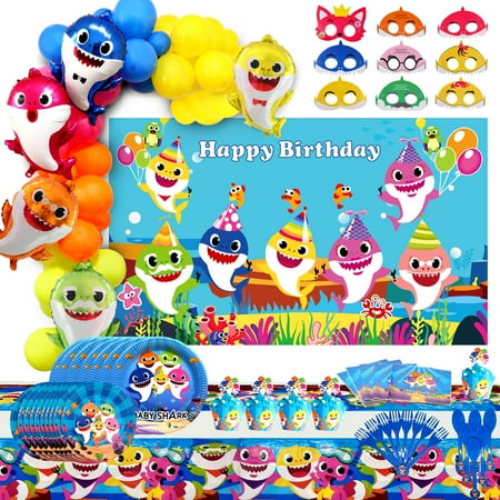 162 Pc Baby Shark Party Supplies - Shark Family Balloons Tableware Kit, Mask, Backdrop, Balloon, Cake Toppers, Balloon Arch for Kids Birthday Decorations