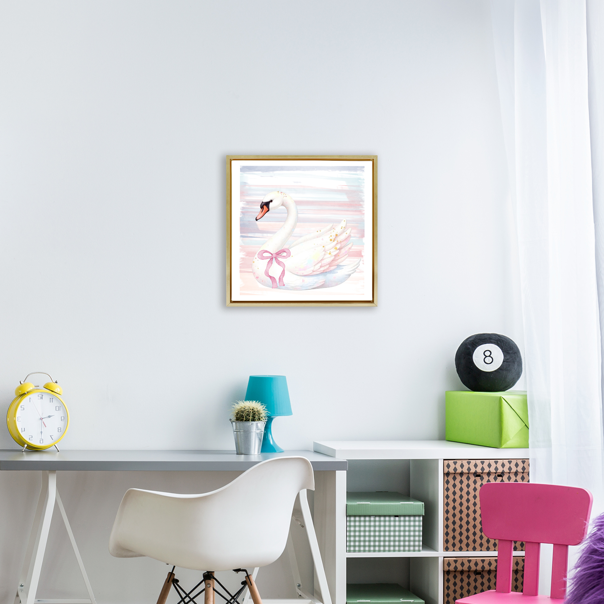 Pastel Swan with Ribbon Gold Framed Floater Canvas Wall Art, design by Kim Allen