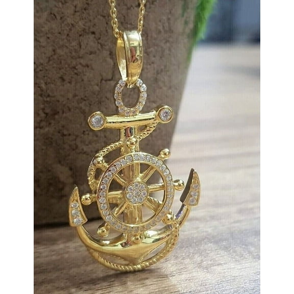 2Ct Round Simulated Diamond Men's Anchor Charm Pendant 14k Yellow Gold Plated
