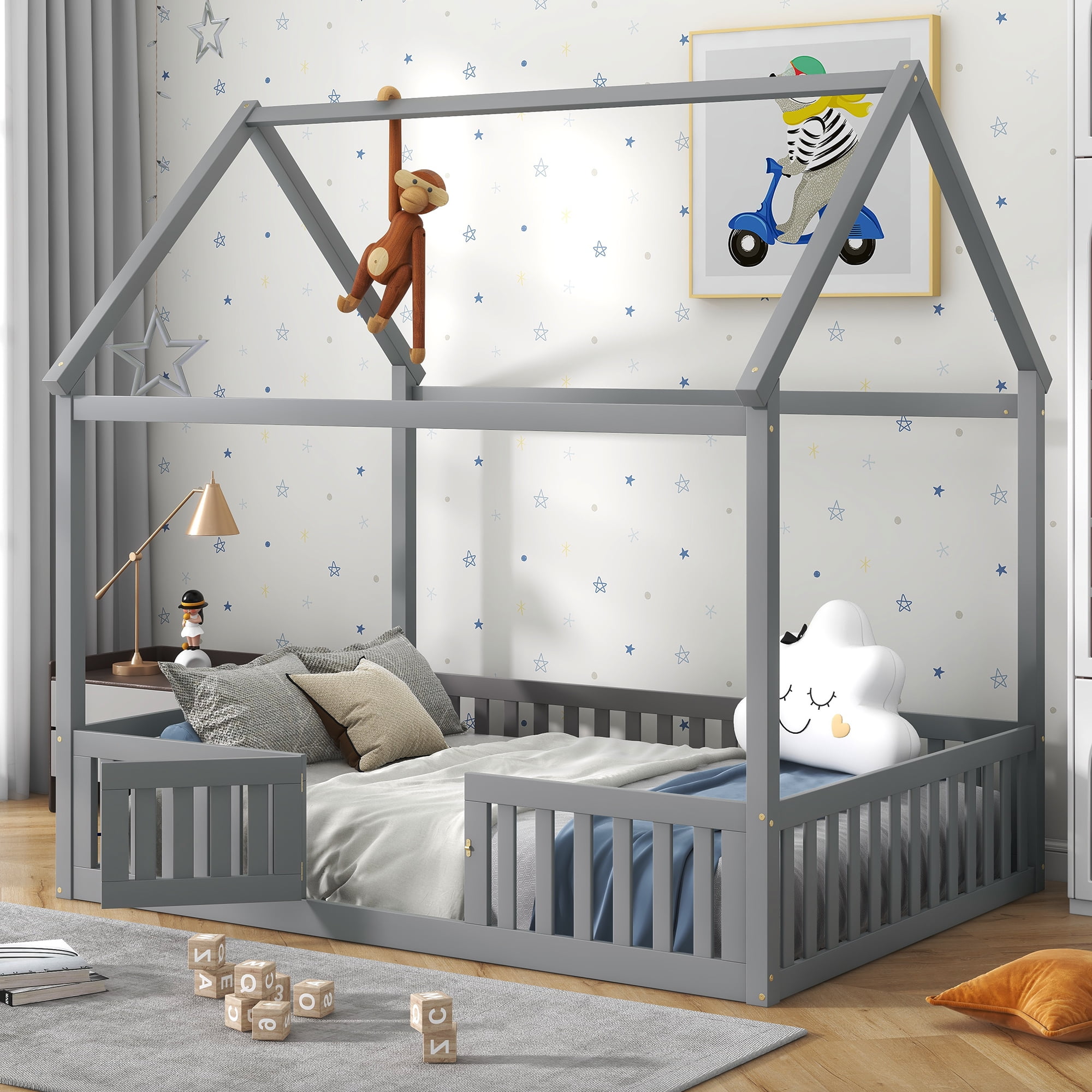 Euroco Full Size Low House Bed with Fence and Door for Kids, Gray