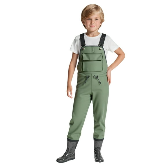 Huowey Kids Chest Waders Solid Color Cartoon Print Sleeveless Youth Fishing Waders With Boots Waterproof Boys Girls Breathable Suspender Trousers Lightweight Bootfoot Sets,Army Green,2.5-3 Years