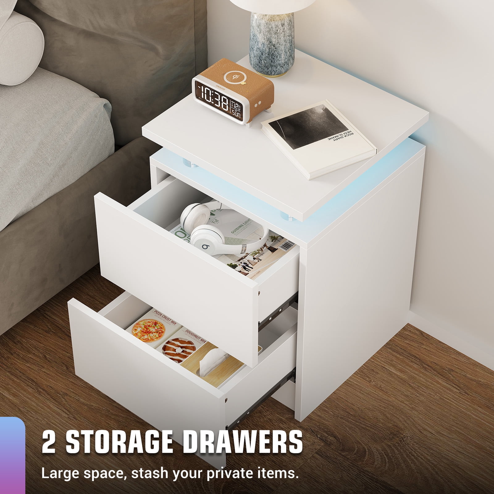 BaPiPro LED Nightstand Set of 2, Modern LED End Table with 2 Drawers, Bedside Table with Lighting for Bedroom, Living Room, White