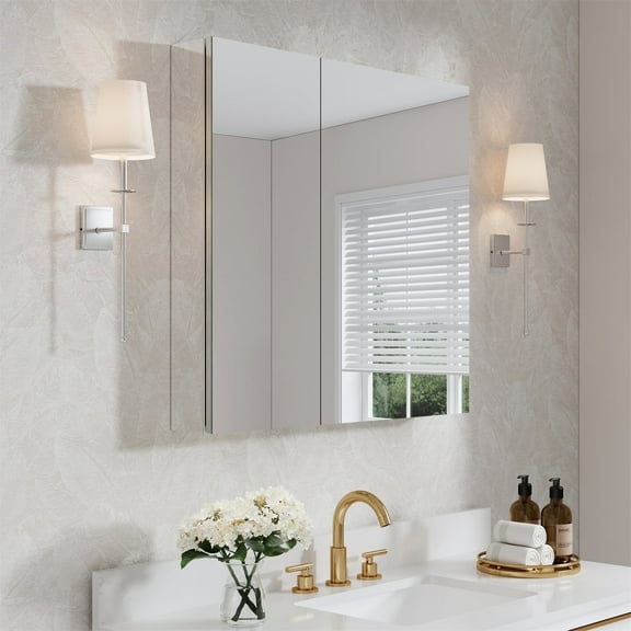 ANGELES HOME 32" x 30" Bi-View Medicine Cabinet with Mirror, Surface Mount or Recessed Mirror Medicine Cabinet for Bathroom, Anodized Chrome Aluminum Frame, Bathroom Mirror Cabinet with Storage