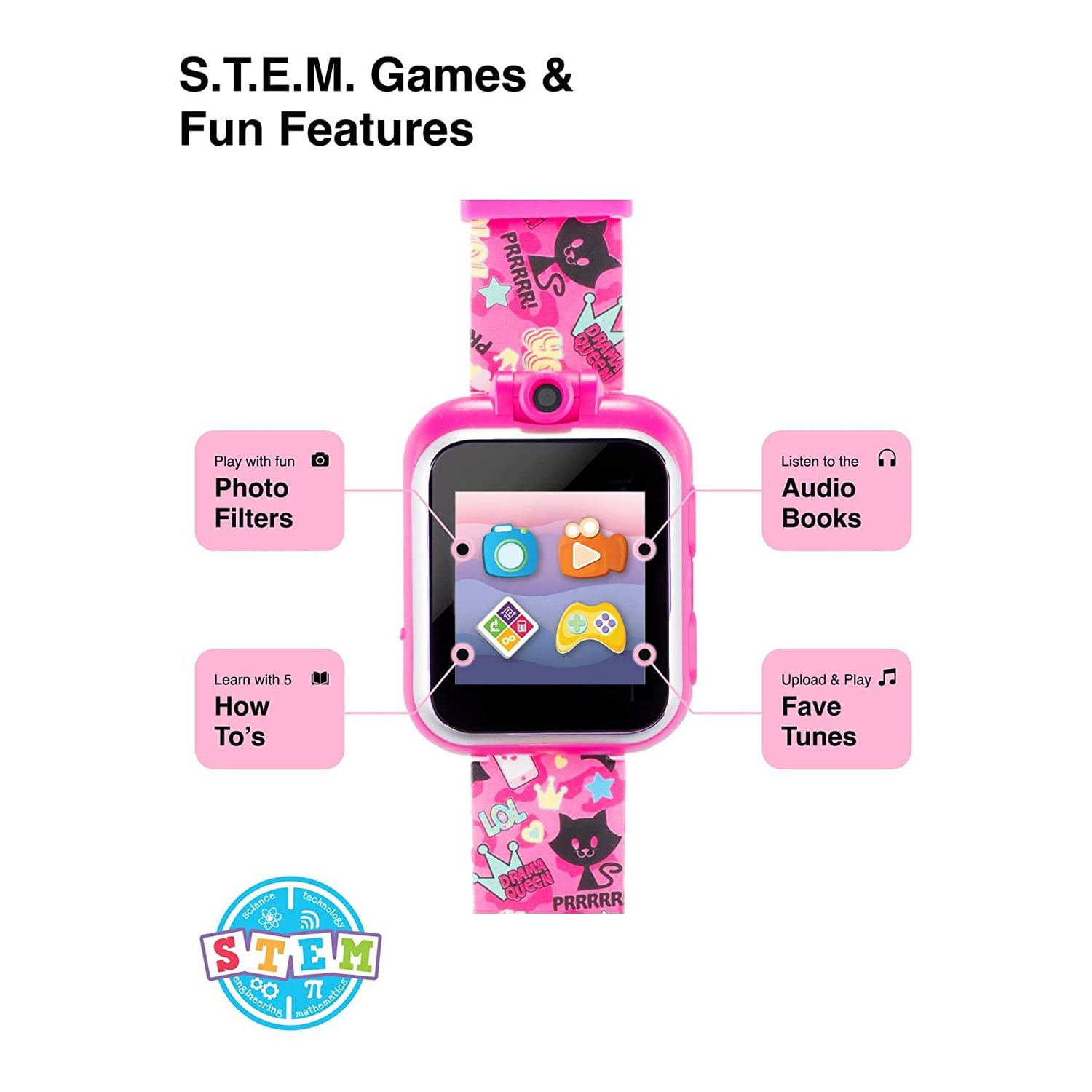 PlayZoom 2 Kids Smartwatch - Video Camera Selfies STEM Gift for Kids (Fuchsia Kitty Cats Print)