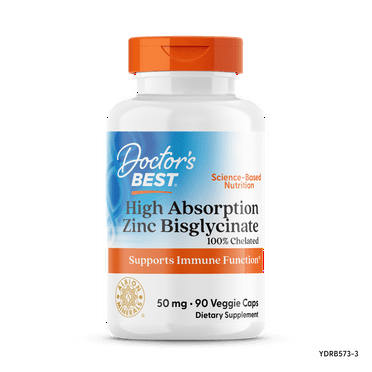 Doctor's Best Zinc Bisglycinate High Absorption 100% Chelated 50mg Veggie Caps, 90 Count