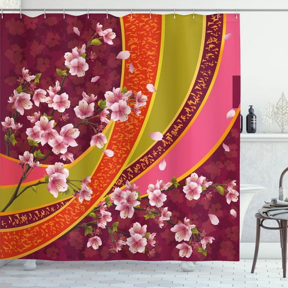 Ambesonne Flower Shower Curtain, Sakura Blossom Japanese, 69"Wx84"L, Pale Pink Orange