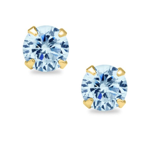 Precious Stars 14K Yellow Gold Round-cut 6mm CZ March Birthstone Earring Safety Screwback Studs