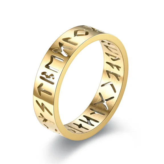 New 14K Yellow Gold Hollow Out Ring for Men Women Fashion Hollow Rune Design Finger Anillo Antiestres Anxiety Rings