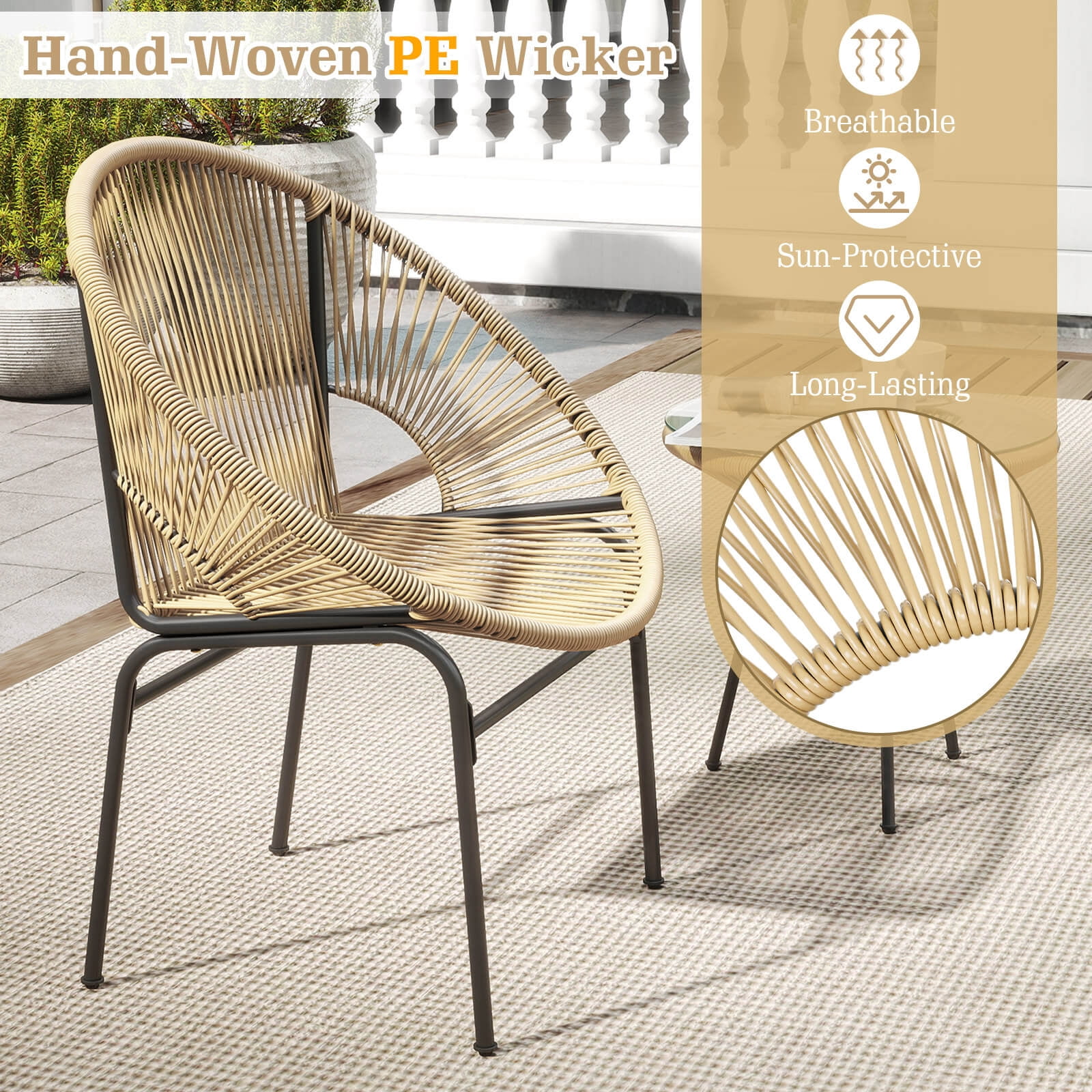 Costway 3-Piece Wicker Patio Bistro Set,Outdoor Acapulco Chairs and Tempered Glass Table Beige + Black