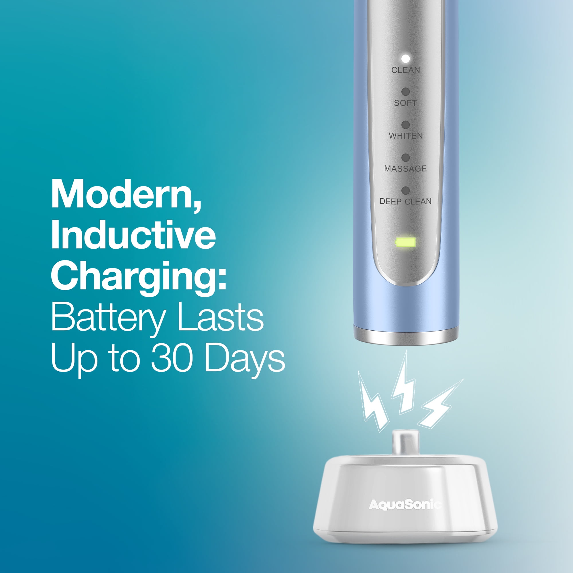AquaSonic Precision Rechargeable Electric Toothbrush, 5 Modes, 30-Day Battery, Travel Case + 4 ProFlex Brush Heads - Blue