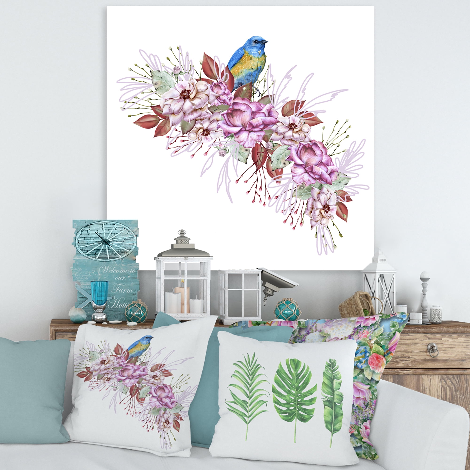Designart ' Little Blue Bird Sitting On Colorful Boquet of Flowers ' Traditional Canvas Wall Art Print