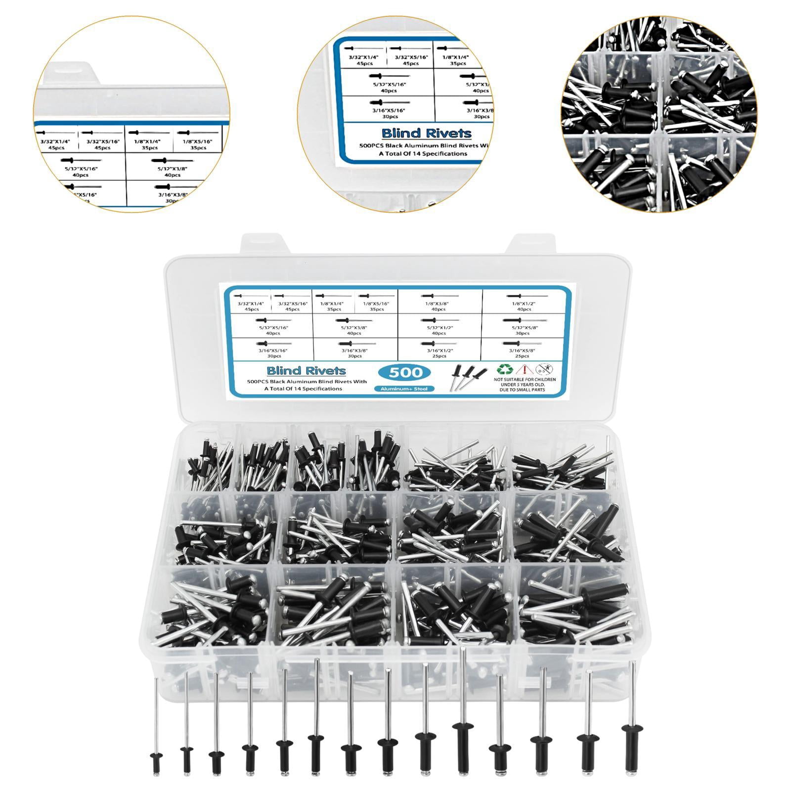 figatia 500Pcs Rivets Aluminum Steel Open End Rivets with Divider Labeled Case Black