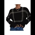thumbnail image 2 of Suéter de Punto A Cuadros para Mujer, Otoño e Invierno, Informal, Cuello Redondo, Tops con Bloques de Color. Negro S, 2 of 9