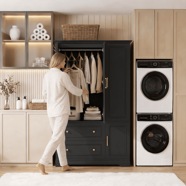Lacoo Armoire Wardrobe with 3 Doors, 2 Drawers & Hanging Rod, Freestanding Closet Cabinet with Side Hooks for Bedroom, Black