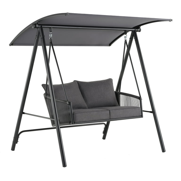 Mainstays Lawson Ridge 2 Seat Steel Outdoor Freestanding Porch Swing with Canopy and Cushions Black Walmart