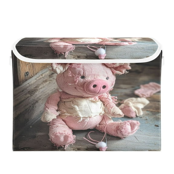 WOBOGO A Pink Piggy Doll Large Collapsible Storage Box Flip Lid Fabric Decorative Organizer Container Basket with Handles 16.5×12.6×11.8in