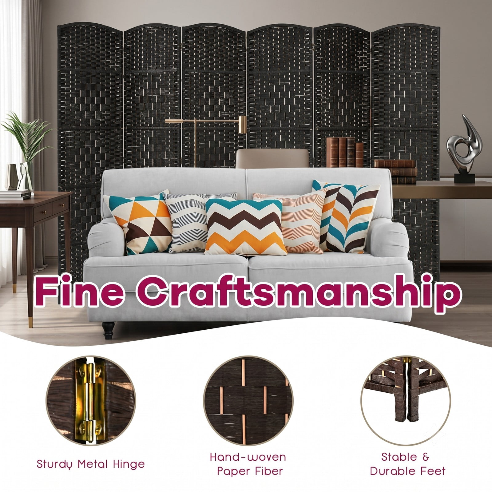 ALPULON 6.5Ft 6-Panel Handwoven Fiber Folding Room Divider Screen, Freestanding Privacy Partition with Sturdy Poplar Frame for Living Room Bedroom Office Home, Black