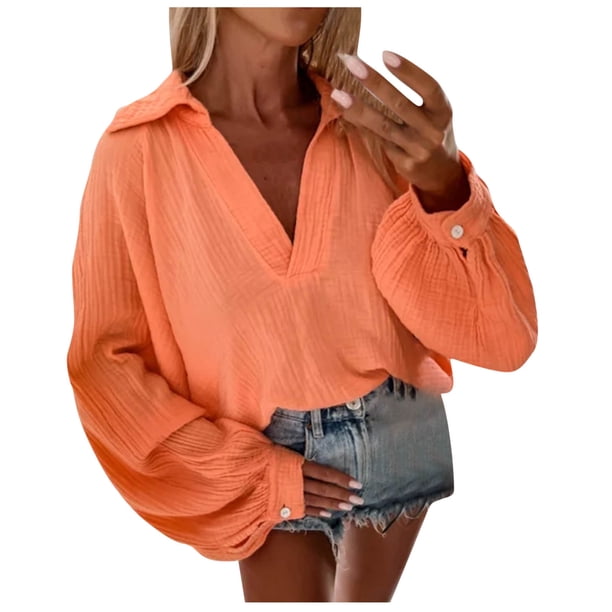 Camisas Para Mujer Moda Camiseta de Manga Larga Cuello en V Jersey Blusa Sólida Tops Con Botones Odeerbi ODB127813