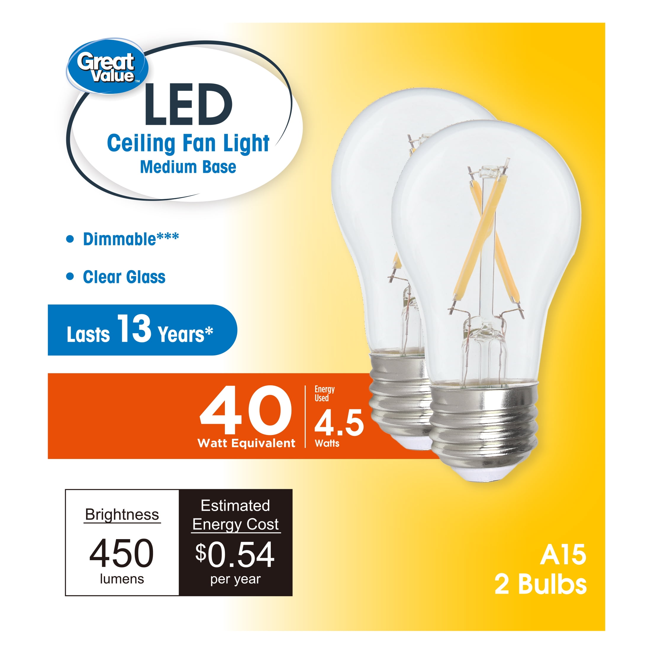 (3 pack) Great Value A15 LED Ceiling Fan Light Bulb, 4.5-Watt (40W Equivalent) Soft White Dimmable E26 Base 2 Pack
