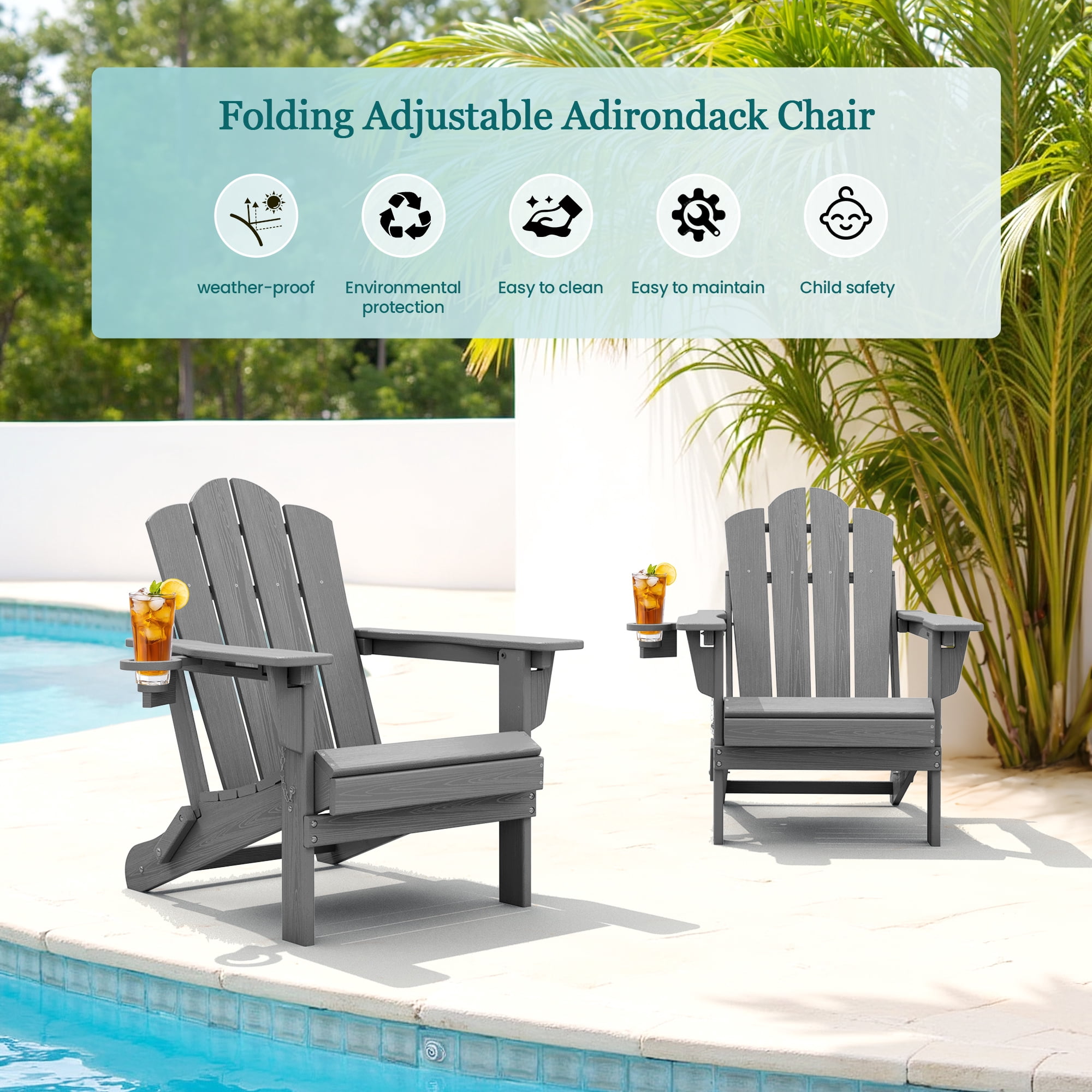 KINGYES Folding Adjustable Adirondack Chair, All Weather Use Reclining Adirondack Chair, HDPE Adirondack Outdoor Chair - Grey