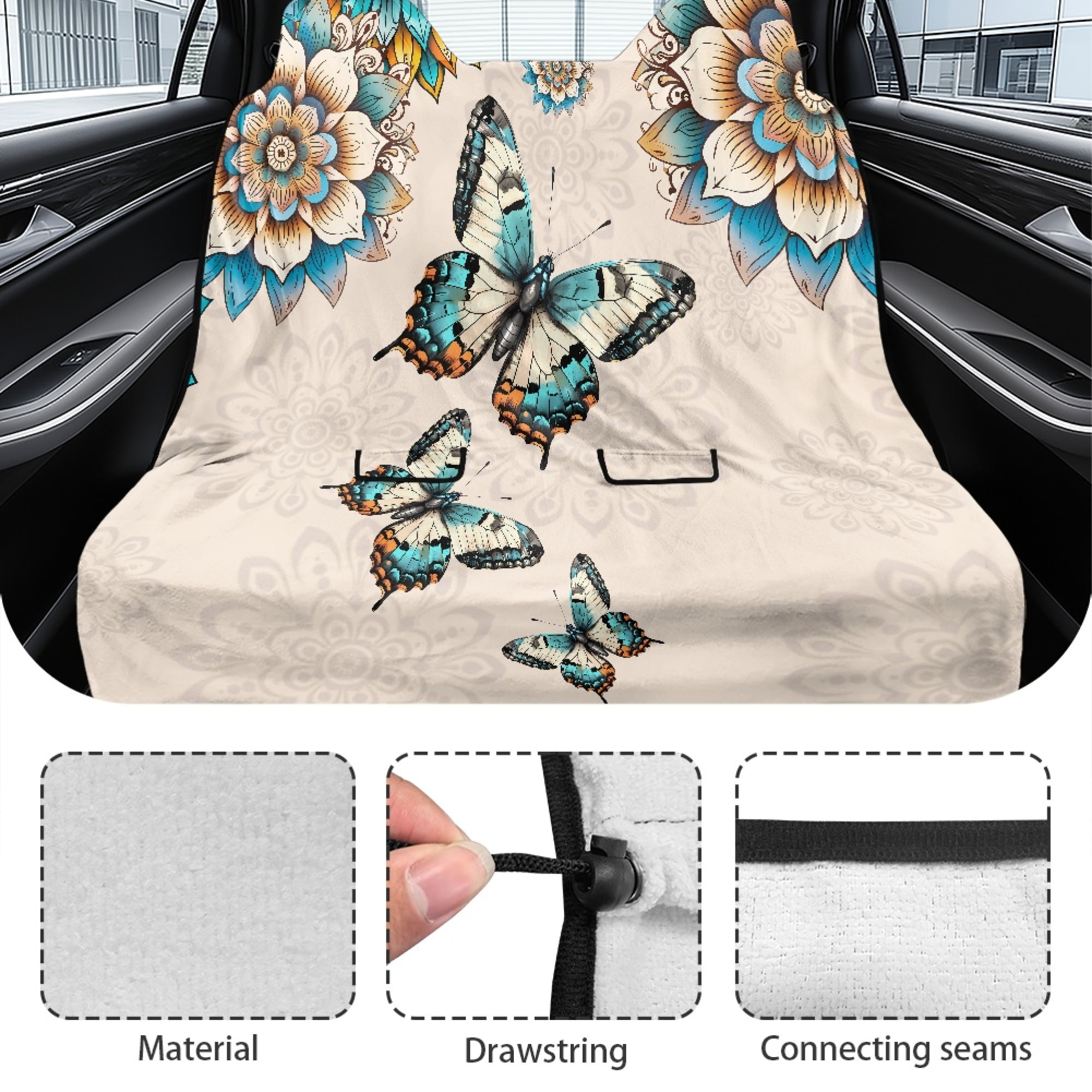 Drydeepin Butterfly Boho Mandala Pattern Car Back Seat Cover, Rear Bench Seat Towel Cover Breathable Non-Slip Rear Seat Cover Universal Fit for Sedans SUVs Truck Auto Interior Decor