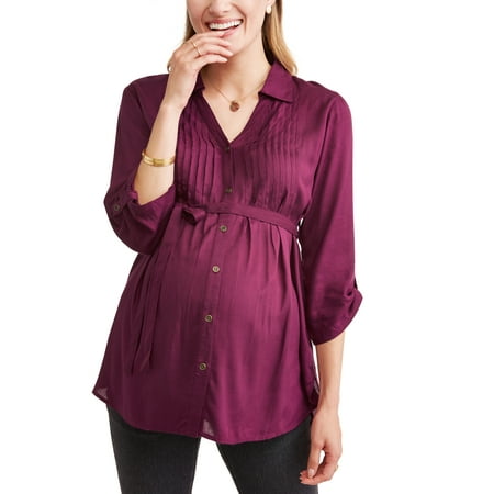 Oh! Mamma Maternity Collared Button Up Tie Waist Pleated Front Top - Available in Plus Sizes