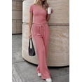 thumbnail image 6 of 2 Piece Sets for Women Summer 2026 Spring Solid Lounge Set Matching V Neck Tops - Wide Leg Pants Airport Travel Outfits Spring & Autumn Pink M, 6 of 6
