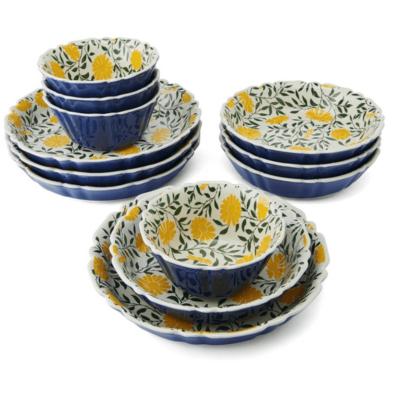 Tranquil Elegance Floral 12 Piece Bowl Dinnerware Set, Service for 4, Blue