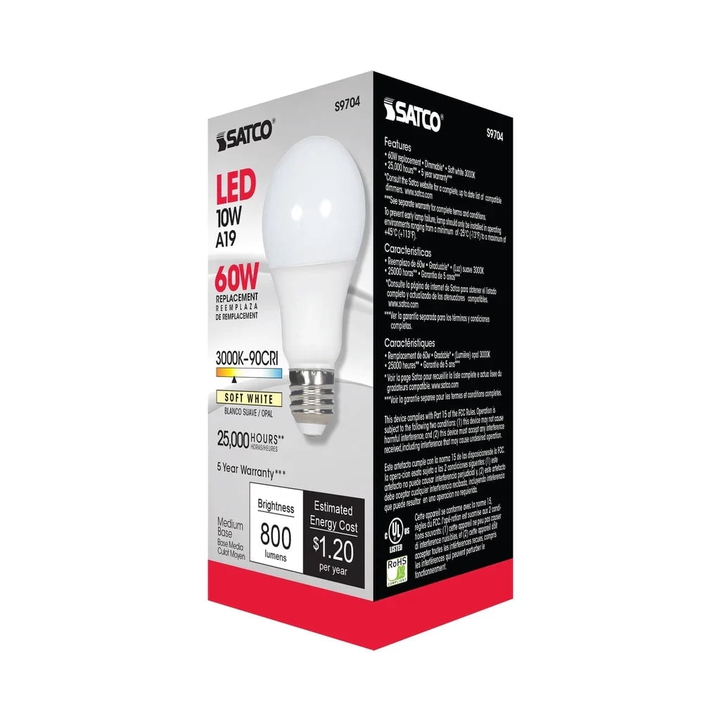 Satco S9704 A19 LED Light Bulbs 10W 120V 90CRI 3000K E26 Medium Base Dimmable (6 Pack)