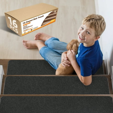 Toocust Stair Tread for Wooden Step, 16 Pieces Stair Pads for Wooden Stairs, Self Adhesive Stair Carpet Runners, 8" x 30" Non-slip Step Carpet for Stairs, Stair Runner, Carpet Stair Tread
