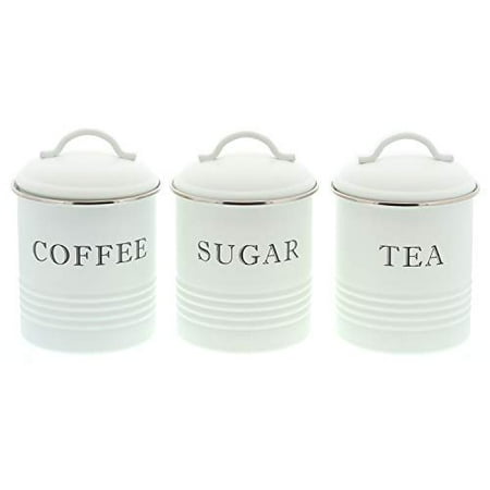 Barnyard Designs Decorative Kitchen Canisters with Lids White Metal Rustic Vintage Farmhouse Country Decor for Sugar Coffee Tea Storage (Set of