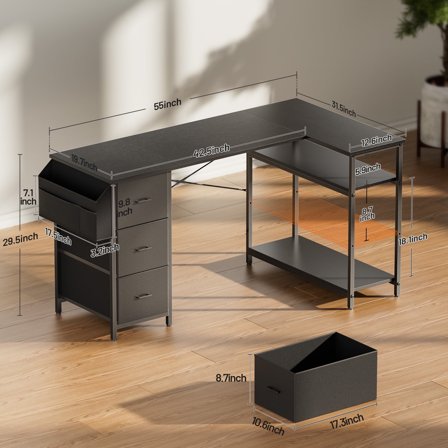 HLDIRECT L Shaped Computer Desk with Drawers & Storage Shelves, 55 inch Corner Desk for Home Office and Bedroom, Black