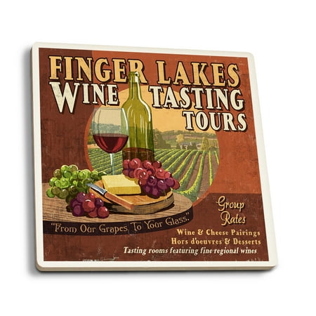 

Finger Lakes New York Wine Tasting Vintage Sign (Absorbent Ceramic Coasters Set of 4 Matching Images Cork Back Kitchen Table Decor)