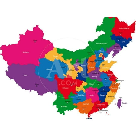 Color Art Print - Color Map of the Regions and Divisions of China Print Wall Art By Volina