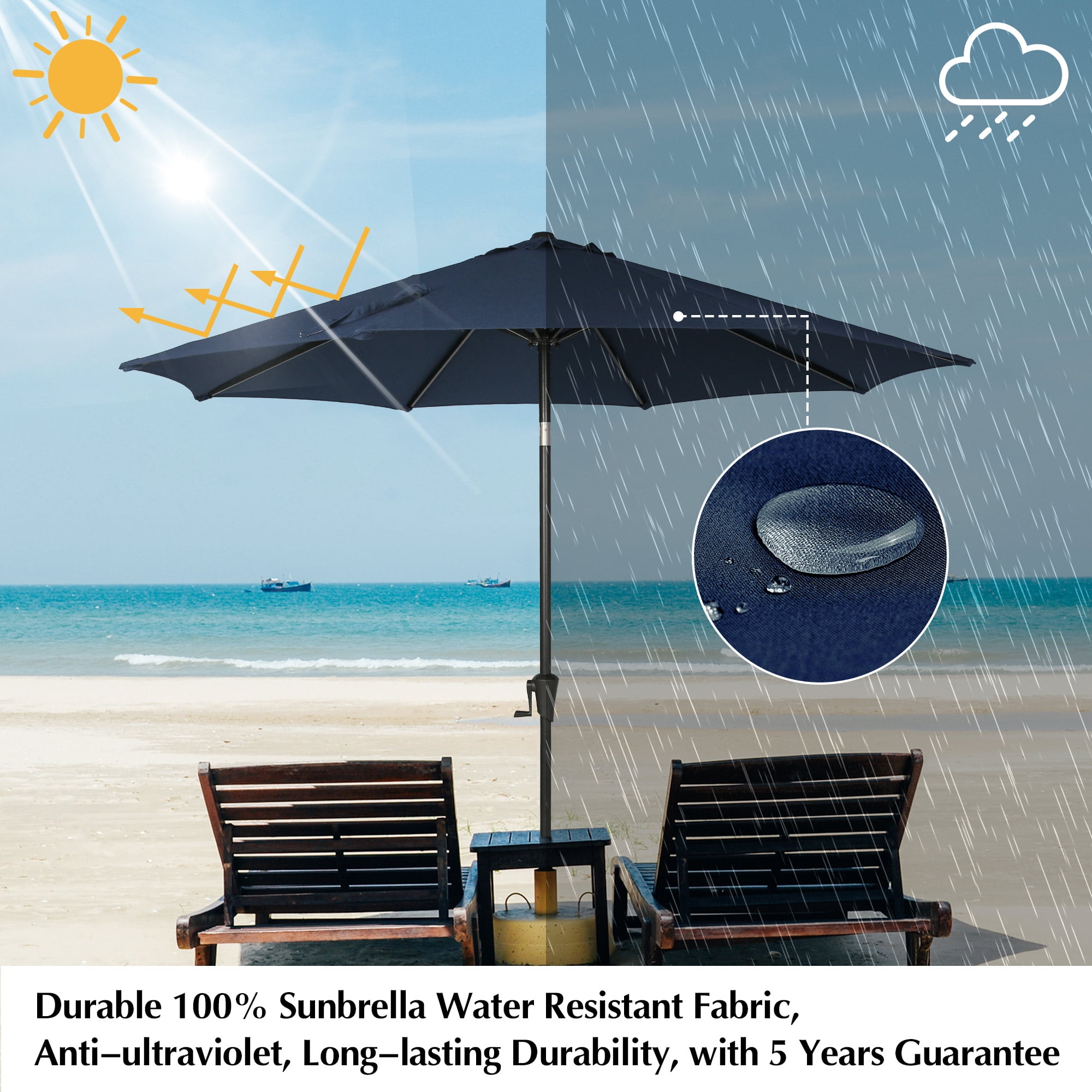 Iwicker 9Ft Sunbrella Patio Umbrella Outdoor Aluminum Market Umbrella with Crank and Push Button Tilt, Navy