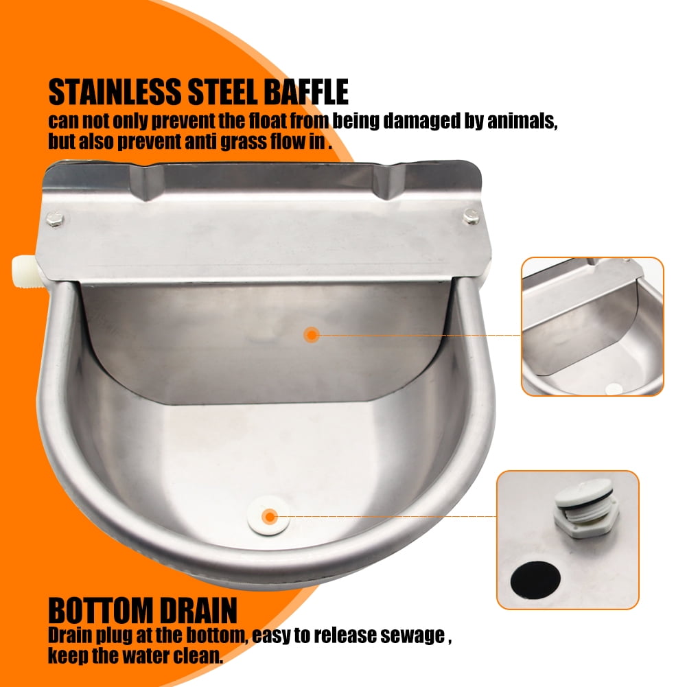 Automatic Animal Drinking Water Bowl with Float Valve,304 Stainless Steel Livestock Dispenser Waterer with Drainage Hole,Includes Water Bowl,3/4''Water Hose,2 Float Valves and Mounting Bolts