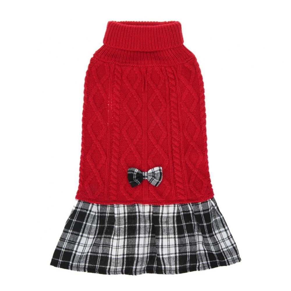 Dog Sweater Dress with Leash Hole Plaid with Bowtie Turtleneck Dog Pullover Knitwear Pet Sweater
