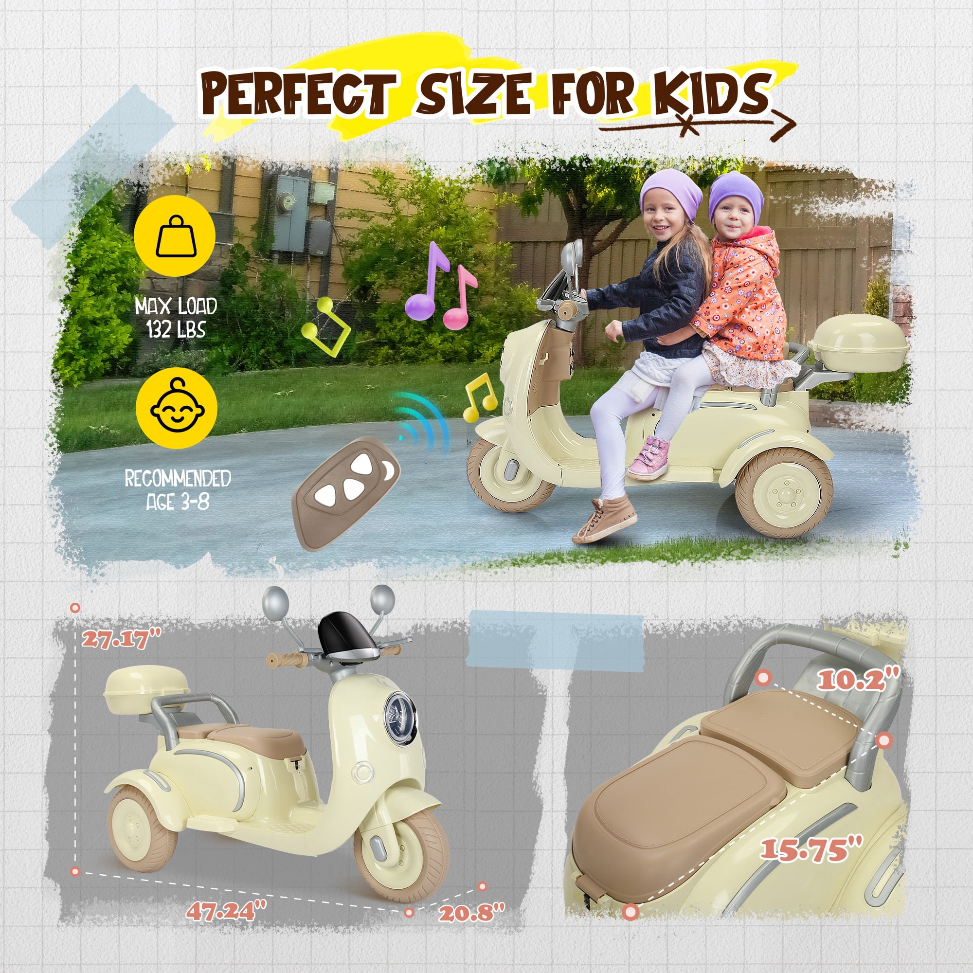 Letsgokid 2 Seater Electric Motorcycle, 12V Ride On Motorcycle with USB, Music, Bluetooth, Light, Big Storage Box, Motorcycle for Kids 3+