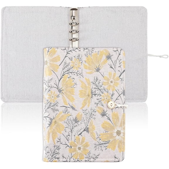 A5 Binder 6 Ring Refillable Cover 9.1"x6.3" Loose Leaf Personal Planner Cover with Button Yellow Floral Notebook Binder Gold
