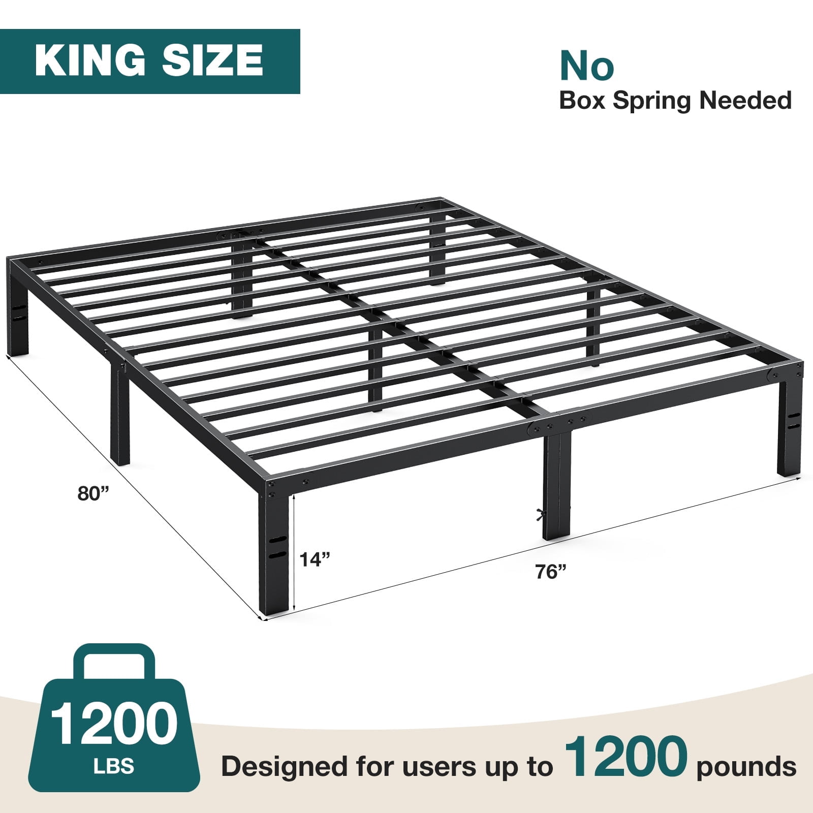 14 Inch King Size Metal Platform Bed Frame, Heavy Duty Steel Base with Underbed Storage Space, No Box Spring Needed, Sturdy Black Bed Frame for Bedroom