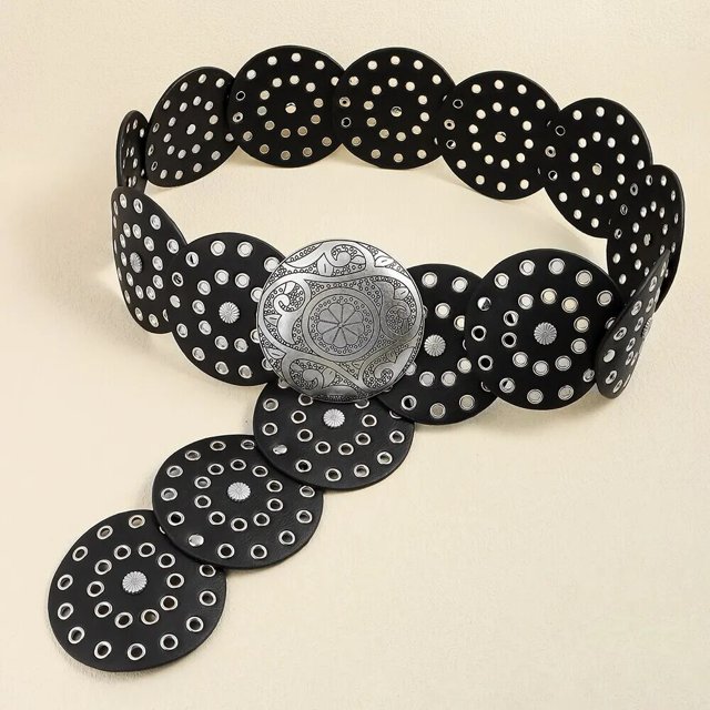 1 Pce Ajustée avec Ceinture Large Rétro Creuse Ronde en Tôle de Fer Style Baroco pour Femmes Argent Noir 1.0 100cm