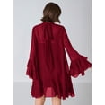 thumbnail image 2 of Burgundy Flare Sleeve Ruffle Hem Mini Dress with Tie Neck, 2 of 30
