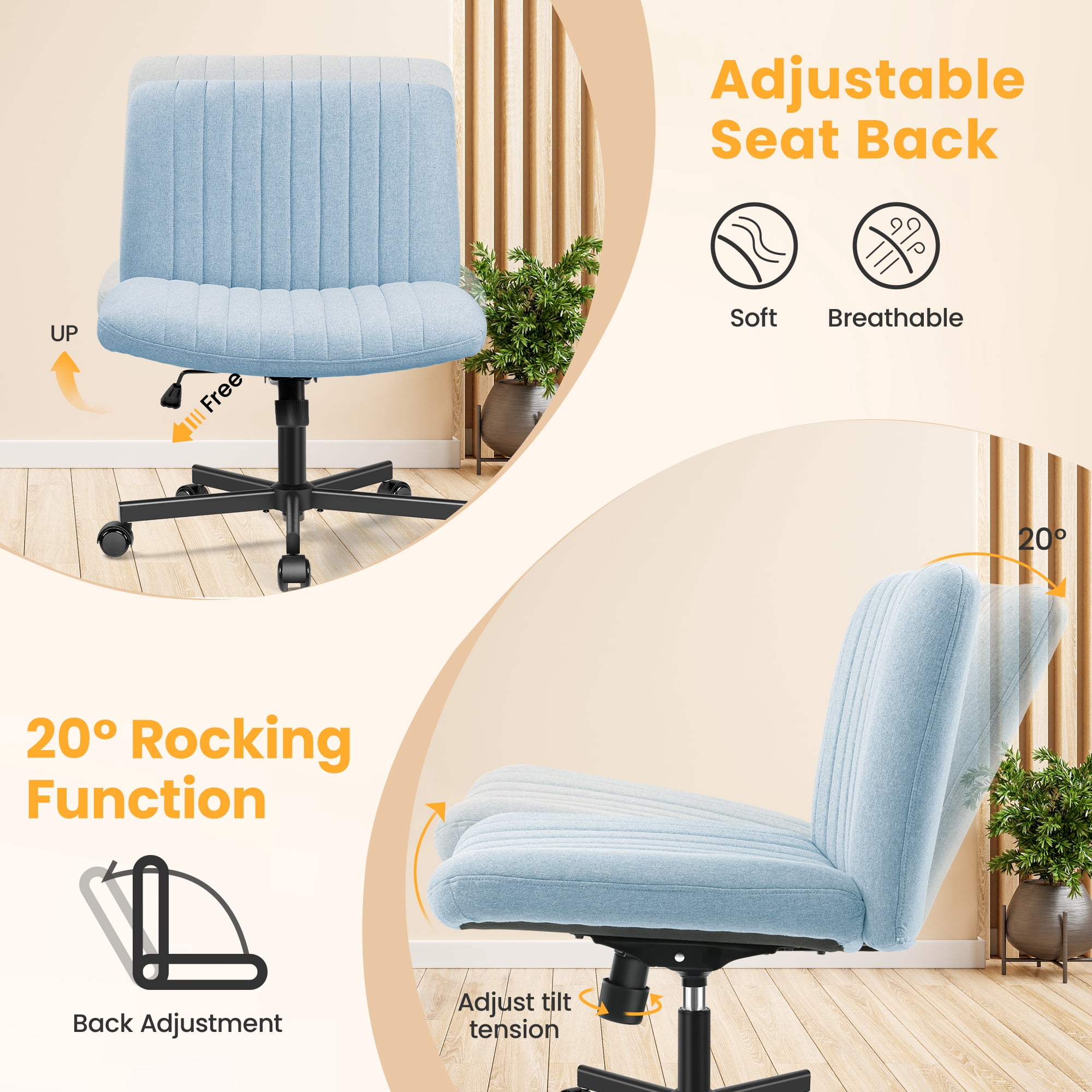 COOLHUT Office Chair Armless Criss Cross Legged Chair with Wheels, Linen Fabric Comfy Home Office Desk Chairs, Wide Seat Vanity Task Computer Chair, Light Blue