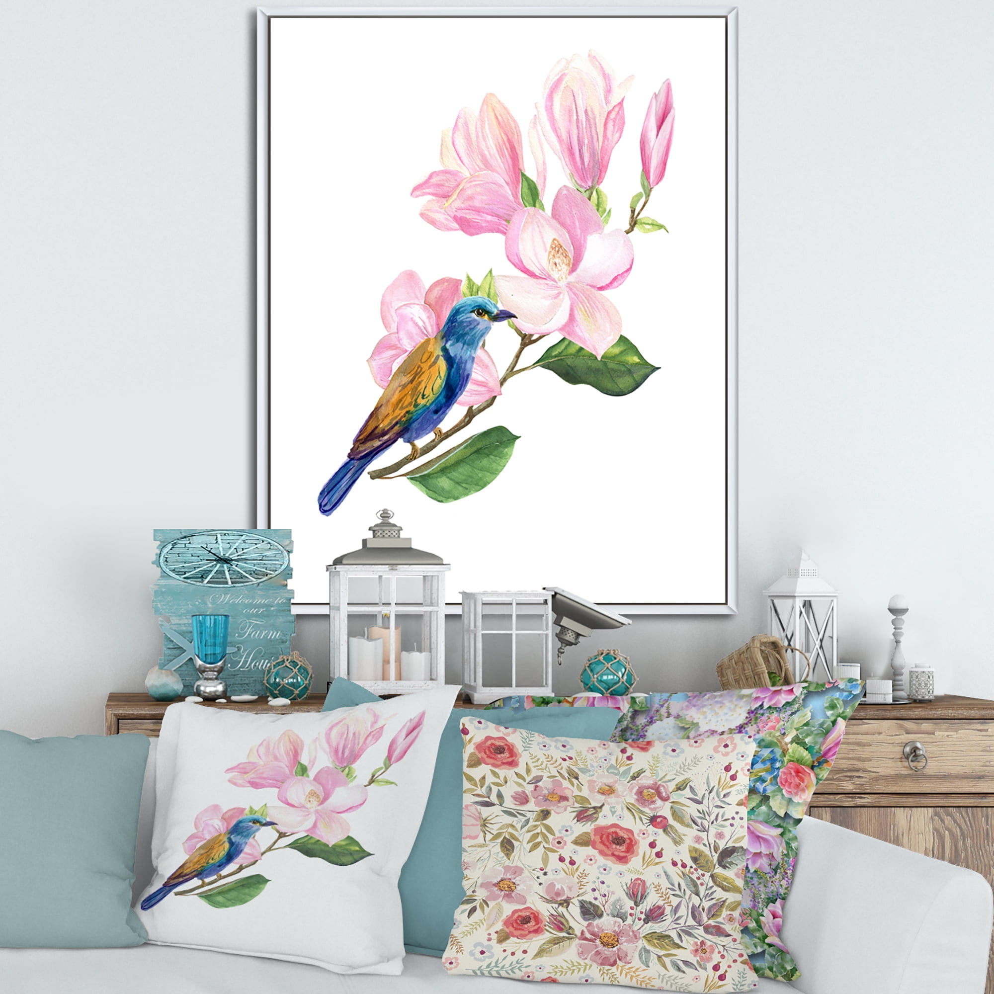 Blue Bird Sitting On A Pink Magnolia 12 in x 20 in Framed Painting Canvas Art Print, by Designart